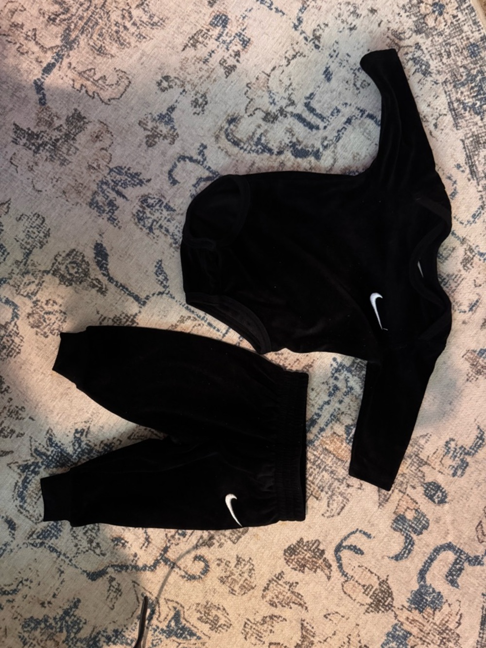 LOT: Nike Black Velour Two-Piece Set with White Swoosh Logos AND Nike Onesies